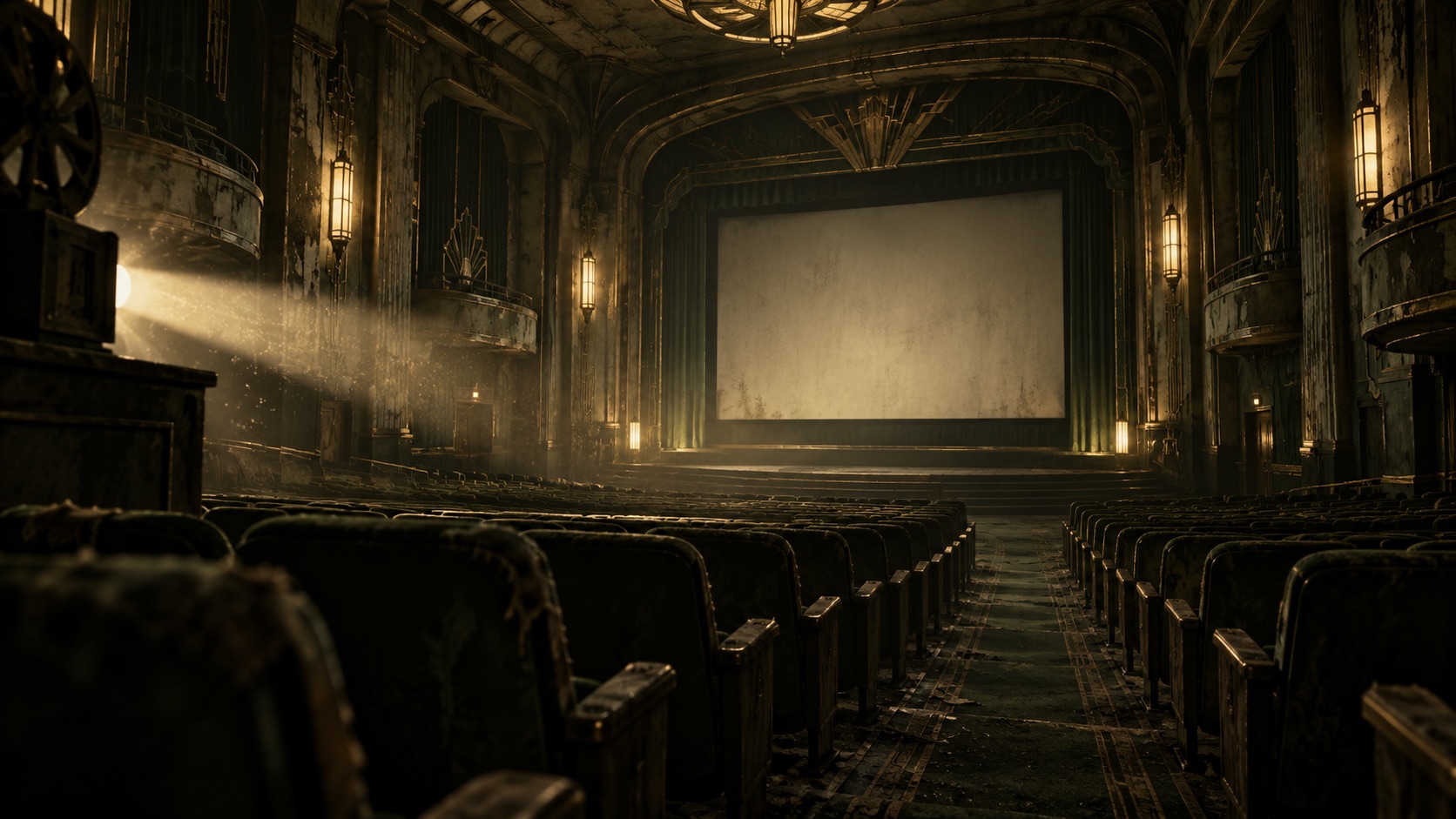 Original atmospheric illustration of an abandoned theater with a beam of projector light